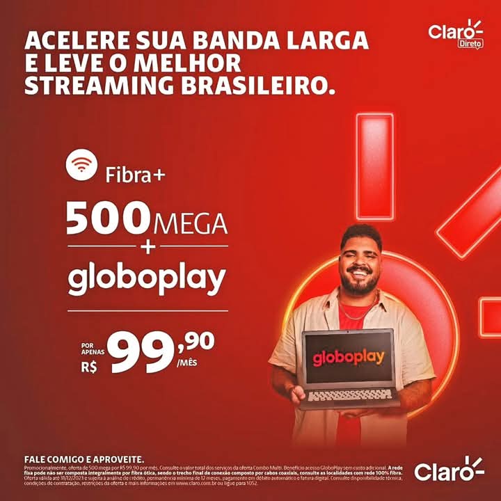 Oferta de internet Fibra+ da Claro com 500 Mega e assinatura do Globoplay por R$ 99,90/mês (de R$ 119,90)